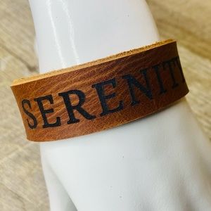 ‘Serenity’ leather bracelet- caramel .75” wide engraved handmade jewelry